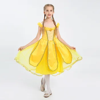 

Girls Princess Golden Belle Child Fairy Tale Halloween Party Cosplay Costume