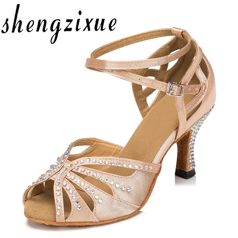 Carne de Cetim Sapatos de Dança de Salão Sapatos de Dança Wuxijiao Marca Senhoras da Pele Strass Cristal Salsa Tango Latina Mambo