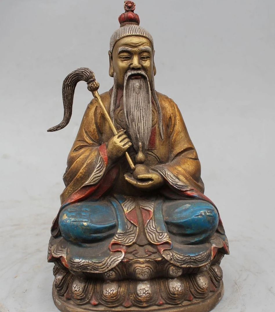 

9" Chinese Fengshui Copper Painted Taoism Taoist Priest Lao Jun God Statue Sculp