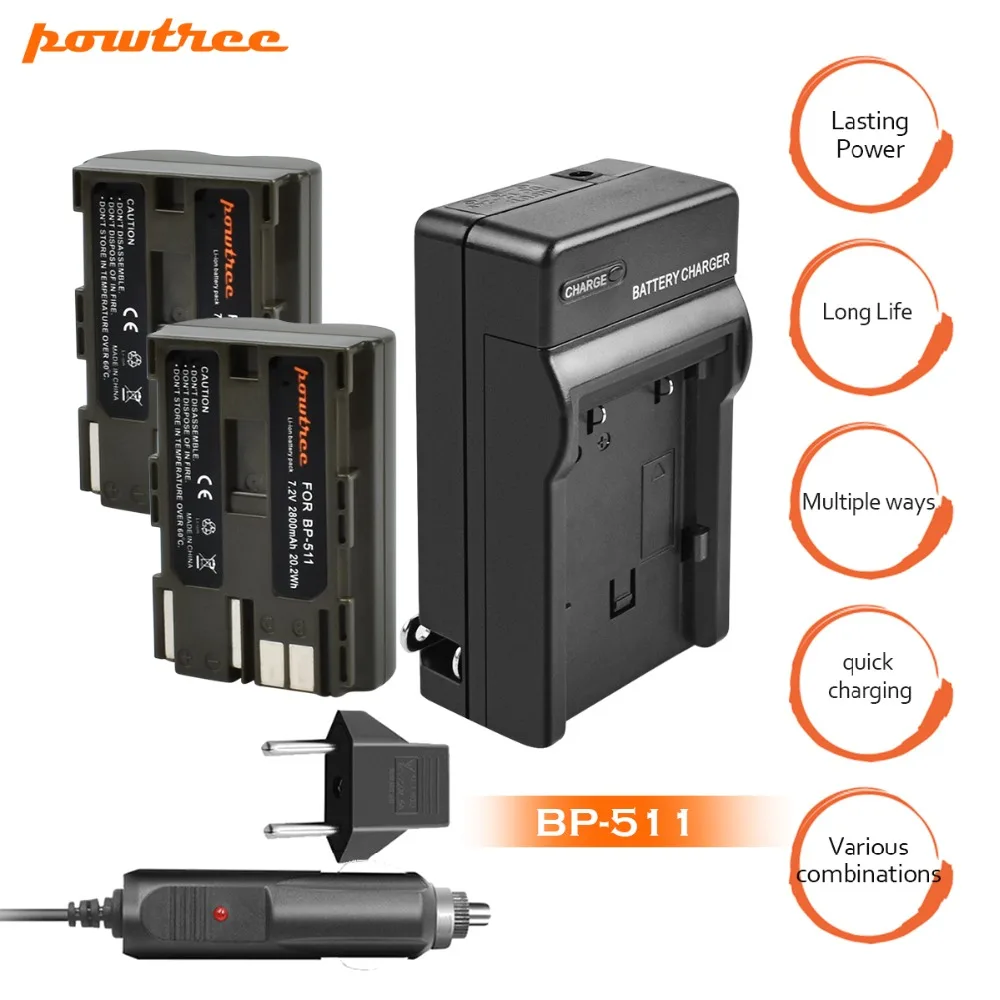 

2Packs 7.2V 2800mAh BP-511A BP511 Li-ion Battery +Battery Charger+Car charger For Canon EOS 5D 50D 40D 20D 30D 10D D60 300D L10