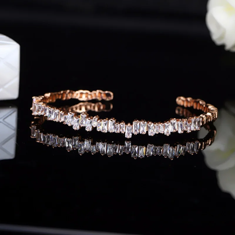 Rose Gold Color CWWZircons благородная Мода квадратной огранки багет кубического циркония кристалл открытие манжеты браслет для женщин BG004 - Окраска металла: Rose Gold Color