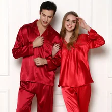 Luxury Chinese Red Lovers Sleepwear Women Silk Satin Pajama Set Or Men Pijama Set Long Sleeve Pyjama Set For Spring Autumn