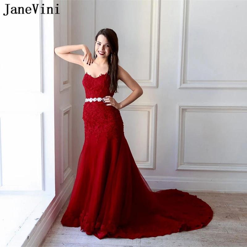 

JaneVini Burgundy Dubai Long Prom Dresses 2019 Sweetheart Lace Appliques Beading Backless Tulle Mermaid Formal Gowns Gala Jurk