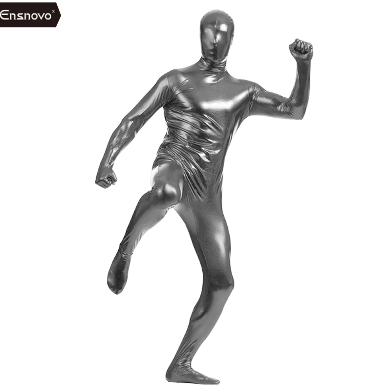 Ensnovo унисекс Zentai телесный полный костюм блестящий металлический Zentai костюм цельный Косплей Костюм мужской Wo мужской s комбинезон из лайкры - Цвет: Gray