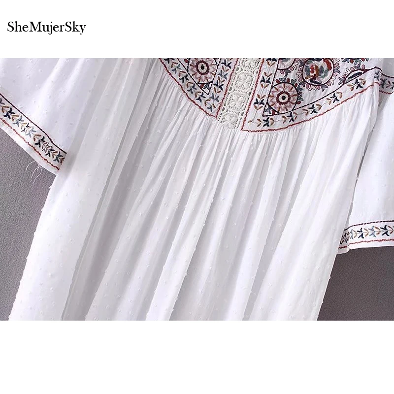 Платье SheMujerSky женское белое богемное с цветочной вышивкой о вырезом элегантное
