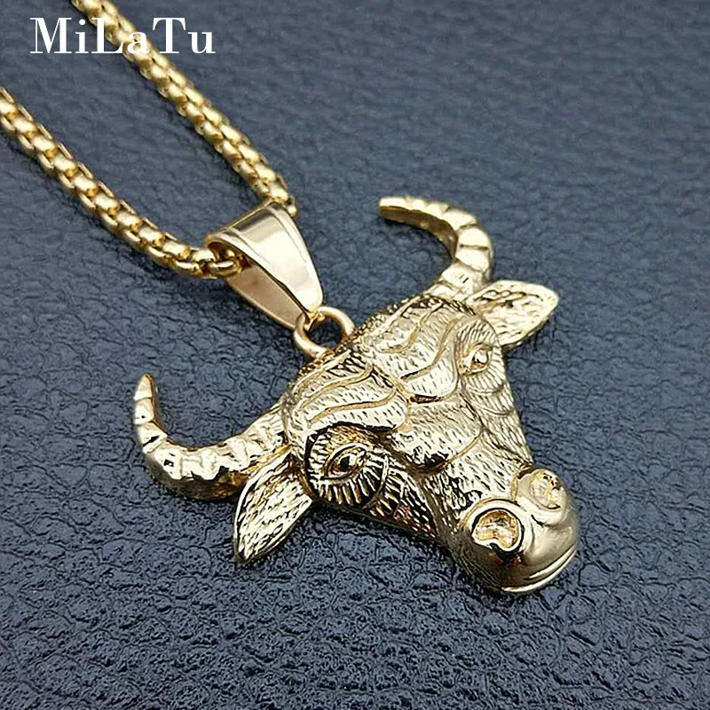 MiLaTu Fashion Men Animal Bull Head Pendant Necklace Gold Tone