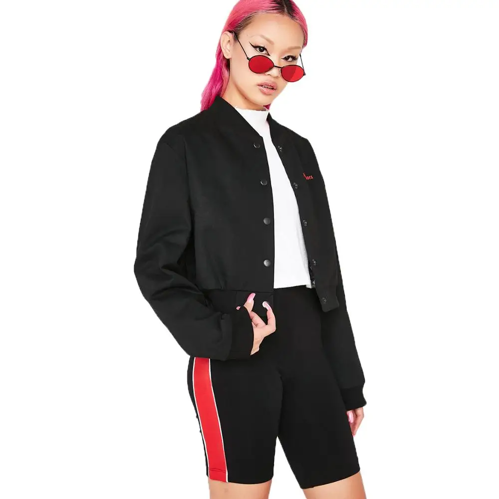 

MINSUNDA Black Stand Collar Letters Embroidery Crop Jacket Regular Streetwear Zip Sleeve Button Short Jacket Women Casual Jacket
