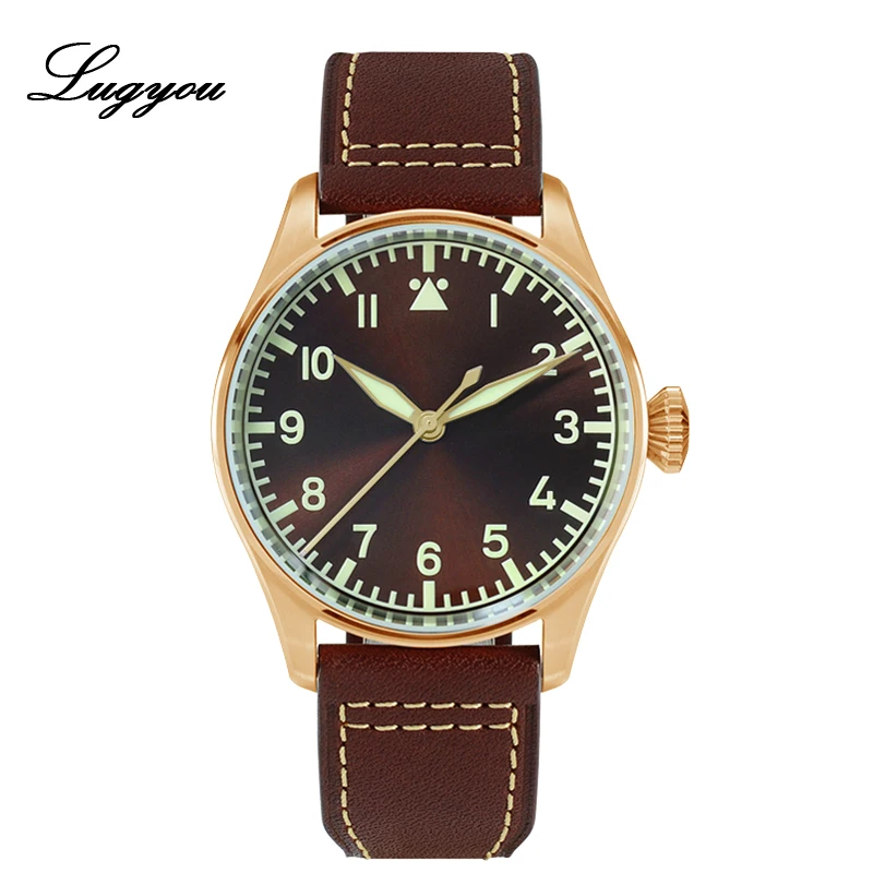 

LUGYOU San Martin Limited Automatic Aviation Flieger Watch for Men Japan Tin Bronze Skeleton Back Sunray SLN C3 Luminous Leather