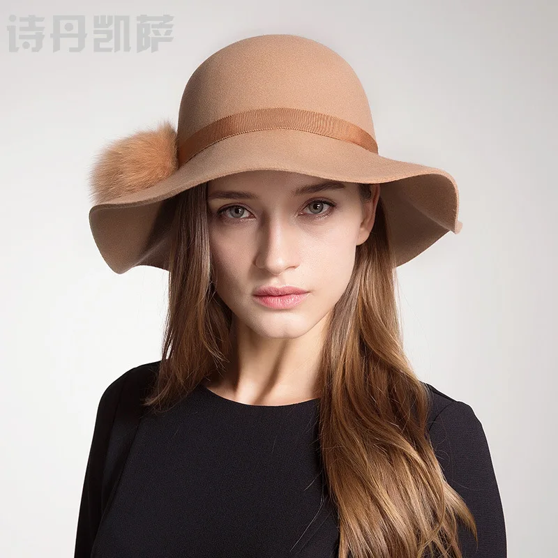

Wool Winter Hats for Women 2018 Wide Brim Fedora Hat Spring Autumn Pompoms Ball Hat Felt Hats Topper Cap Church Wedding Female