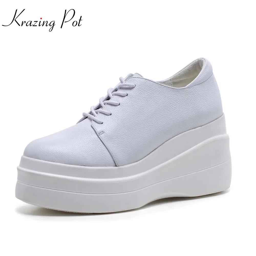 

Krazing Pot 2019 cow leather super high heels shoes comfortable shopping round toe lace up women vulcanized increased shoes L89