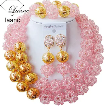 

Laanc Nigerian Wedding African Beads Necklace Peach Crystal Bridal Jewelry Sets for Women NAL471