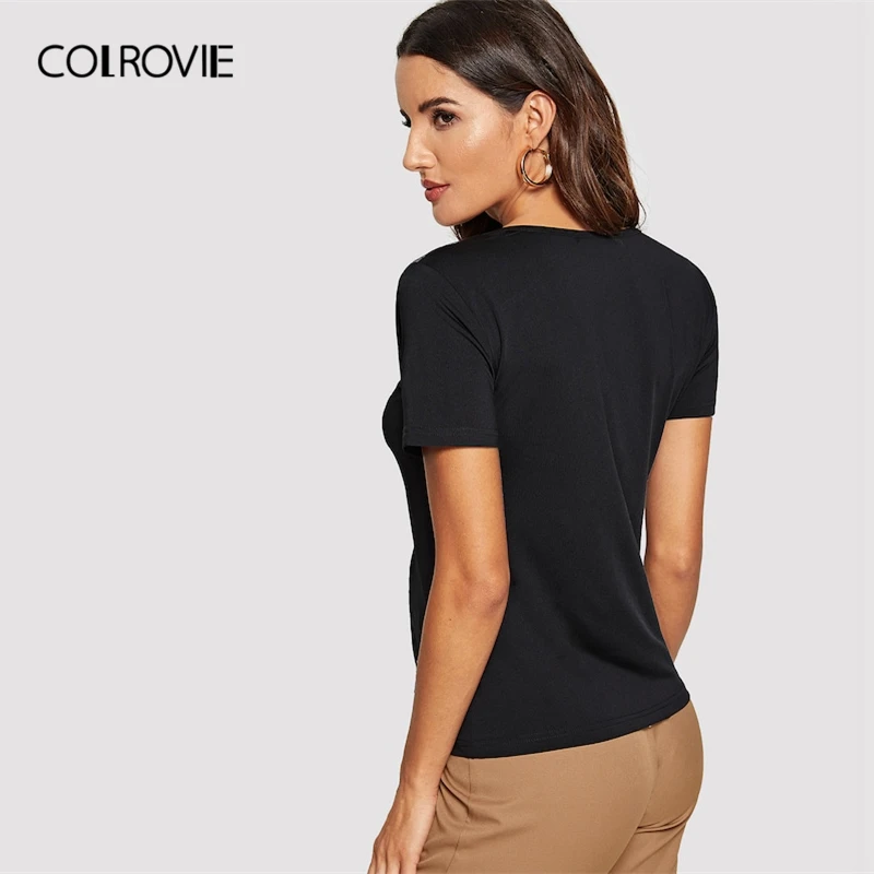 COLROVIE الأسود الصلبة شبكة إدراج شكل جاهزة مثير تي شيرت النساء 2019 الربيع الأزياء قصيرة الأكمام المحملة السيدات نادي قمم و المحملات