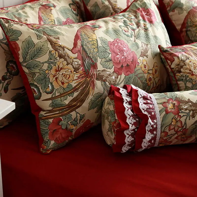 

2pcs rich bird flower print pillow case top cotton pillowcase bedding pillow sham American Country pastoral design pillow cover