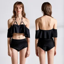 New Sexy Off Shoulder Bikini Women Solid Black Swimsuit Lotus Ruffled Bathing Suit S-XL Girl High Waist Swimwear 2 Pc Bikini Set New Sexy Off Shoulder Bikini Women Solid Black Swimsuit Lotus Ruffled Bathing Suit S-XL Girl High Waist Swimwear 2 Pc Bikini Set