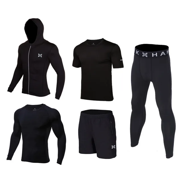 HAMEK/бренд, спортивный костюм, детские спортивные костюмы для бега, Компрессионные спортивные костюмы для бега Homme, тренировочный костюм для бега, детская одежда для спортзала - Цвет: 5pcs X4638 black set