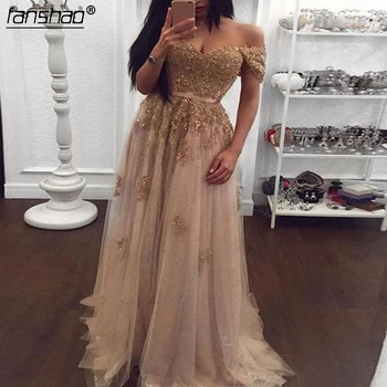 

Gold Muslim Evening Dresses Shinning Off the Shoulder Tulle Islamic Dubai Saudi Arabic Long Elegant Evening Gown Long Prom Dress