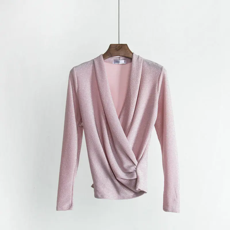 2018 spring new female blouses women's solid color deep V collar long sleeve shiny shirt women shirts