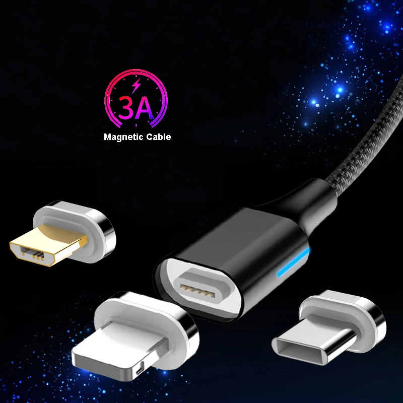 

3A LED Magnetic Cable Micro USB Type C Fast Charging Data Cable For IPhone XS MAX XR SAMSUNG S10 Plus S9 For Xiaomi Mi9 Mi8 MIX3