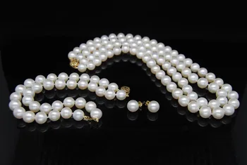 

Jewelry 00709 double strands 8-9mm south sea white pearl necklace bracelet earrings 14k