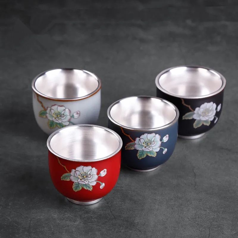 

999 Pure Silver Tea cup Office Master Small Teacup lHandmade Art Cup Kung Fu Tea Set Drinkware Teaware Container Deco