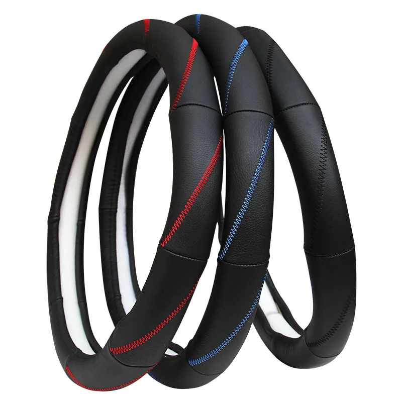 KKYSYELVA Black Car Sport Steering Wheel Cover Leather Auto Steering Covers Universal 38CM wheel covers Car Inter Accessories