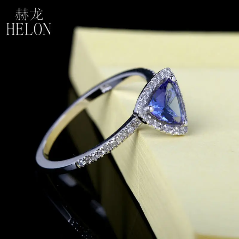 HELON обручальное женское кольцо 6x6 мм Триллион Форма 0.7ct танзанит и проложить 0.2ct натуральные бриллианты Твердые 14 к белое золото