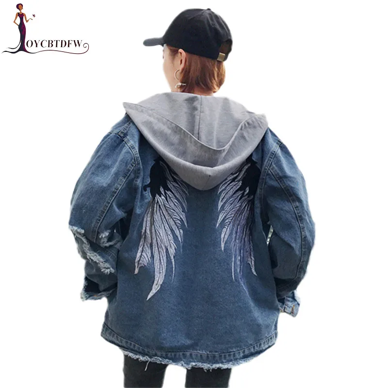 

Embroidered Women Denim Jacket 2018 Spring Loose Hole Hooded Denim Coat Autumn Large size Single-breasted Female Coat FASHION224