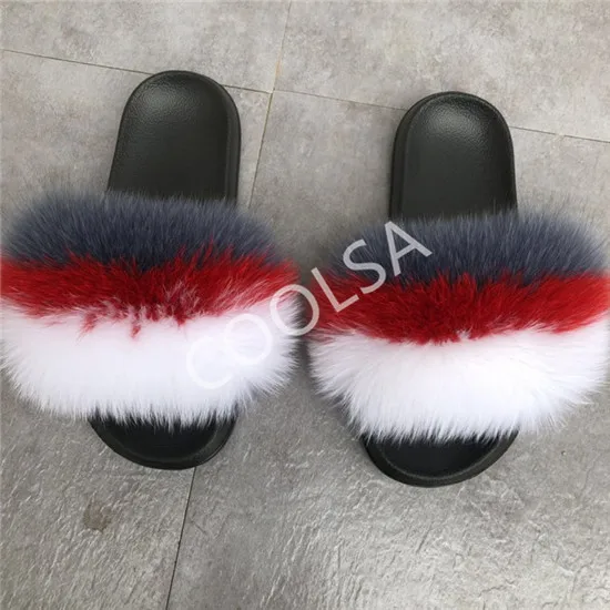 Women's Summer Fur Slippers Indoor Warm Fluffy Plush Home Shoes Woman Real Fox Hair Fur Slides Furry Sandals Female Flip Flops - Color: As shown