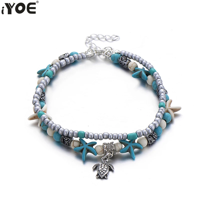 

IYOE Layered Ankle Bracelet For Women Vintage Shell Sandbeach Antique Bohemian Starfish Beads Bracelets Turtle Pendant Handmade