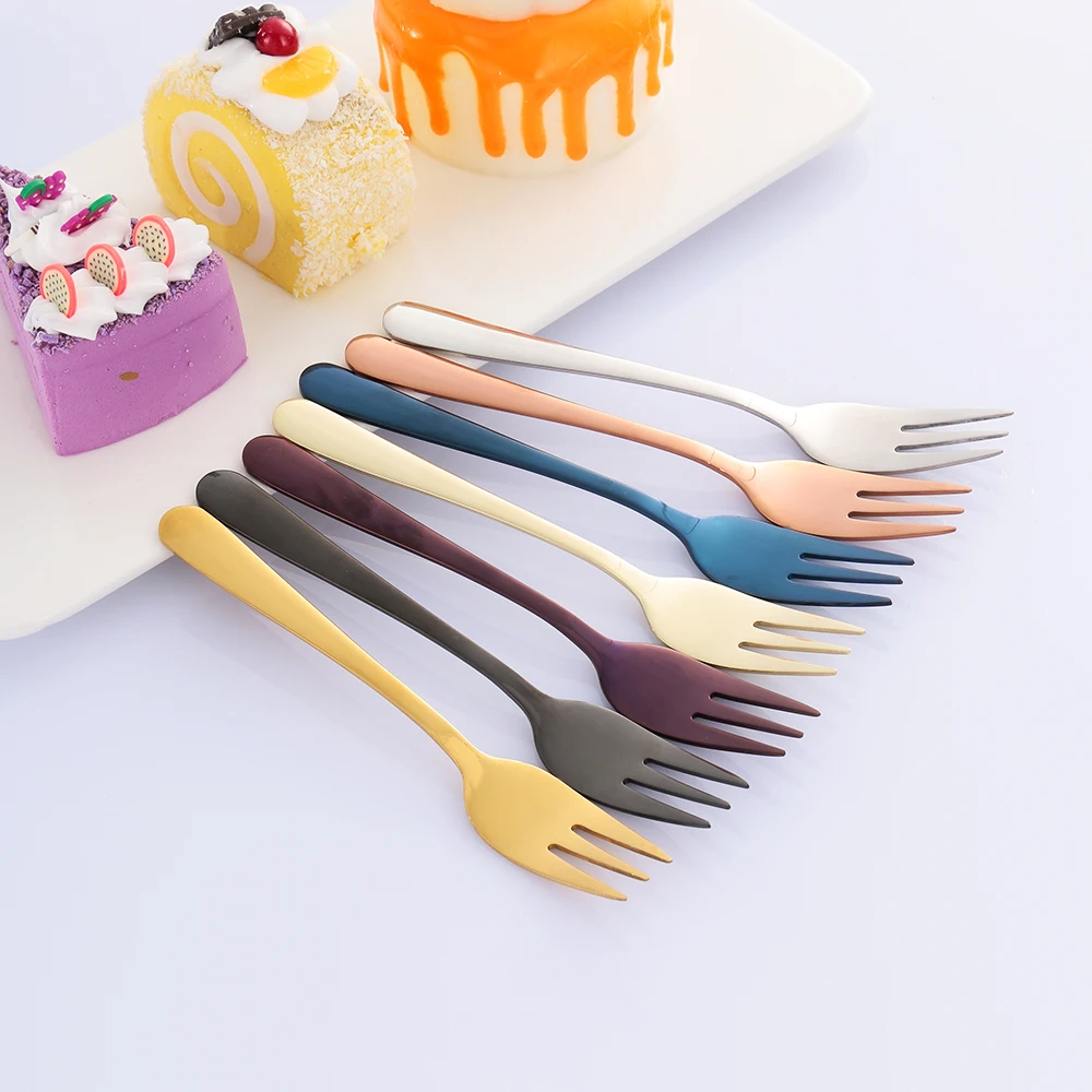 

7 colors 1pc Creative Stainless Steel Fruit Dessert Fork Cake Snack Small Dinnerware Cutlery Tableware Fork Dining Fork