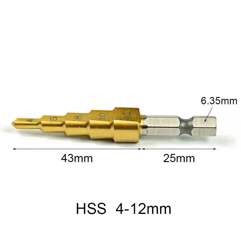 4-12 4-20 4-22 4-32 HSS ступенчатое сверло с титановым покрытием для 4241 металла высокоскоростная стальная деревянная дырочка ступенчатое конусное сверло - Цвет: 4-12mm