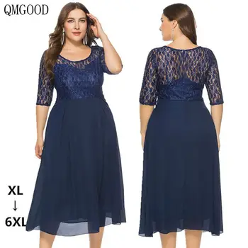 

QMGOOD New Lace Chiffon Stitching Dress Half Sleeve Large Size Women Clothing Autumn Party Dress O-Neck Elegant Dress Women 6XL