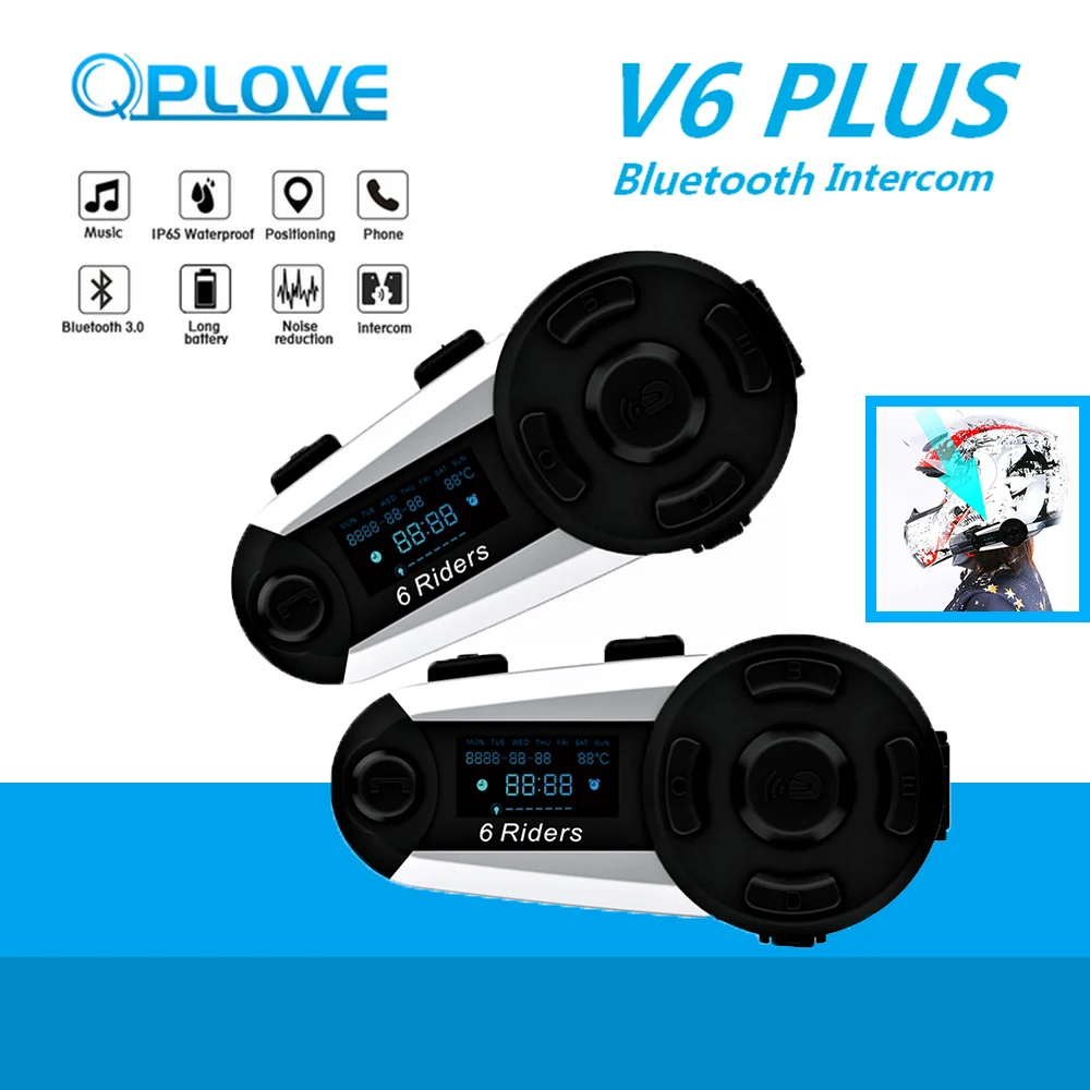 

QPLOVE 2pcs V6 Plus Motorcycle Helmet Bluetooth Intercom 1200m Wireless Distance 6 Level Waterproof with Screen & FM Headset