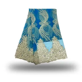 

Nigerian blue gold Lace Fabrics High Quality African Lace Fabric Fashion African Cord Lace Fabric 2017 With 3 D Flowers Beaded