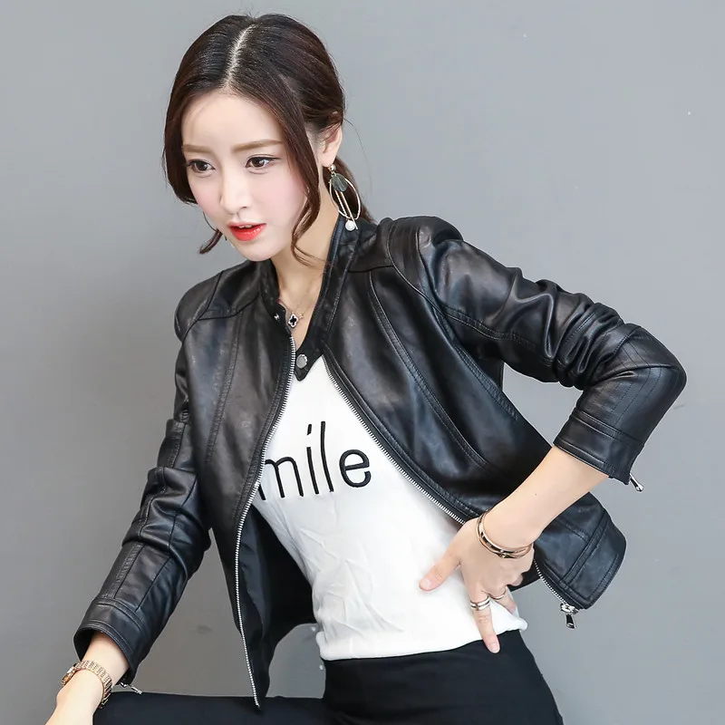 

Spring Autumn Korean Large Size PU Motorcycle Leather Jacket Slim Was Thin Short Female Solid Color Stand Collar Jacket MZ1836