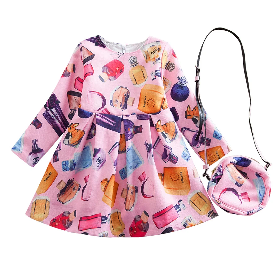 

IYEAL Girls Dress 2018 Brand Princess Kid Dresses with Bag European and American Style Perfume Pattern Printing Children Clothes