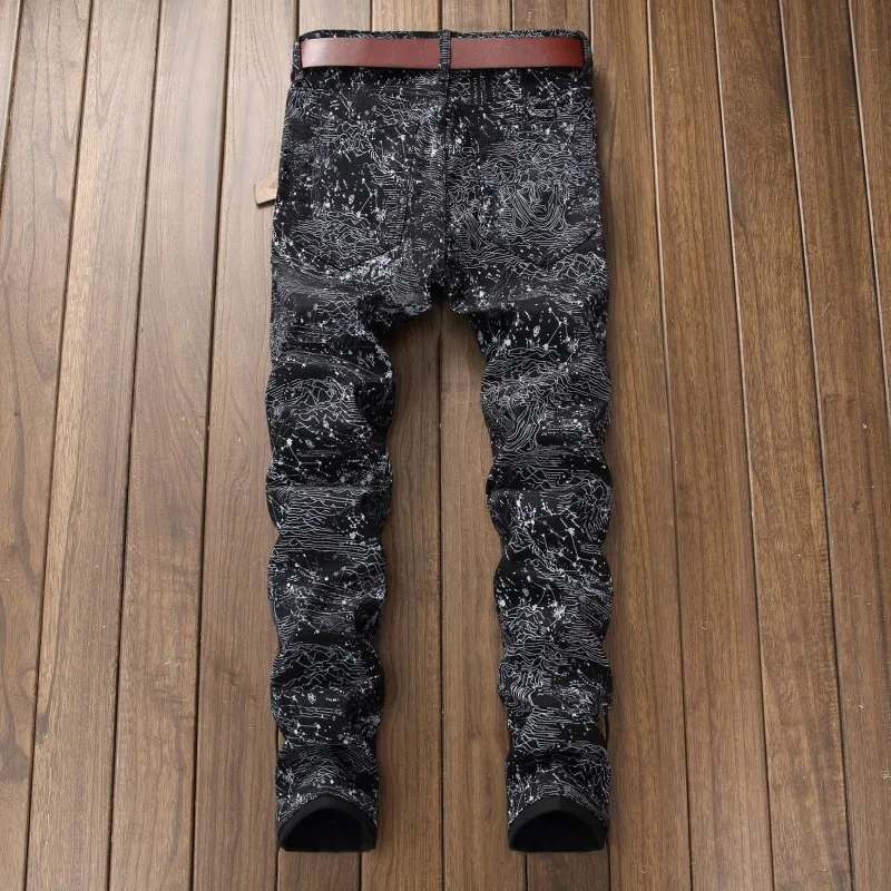 Мужские черные джинсы с цветочным принтом от парижского дизайнера, Стрейчевые мужские облегающие эластичные брюки, повседневные уличные штаны в стиле панк, хип-хоп