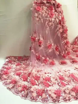 

Christmas High Quality African French Tulle Lace Fabric 3D Flower Embroidery Net Lace Fabrics With Bead For Nigeria Party Dress
