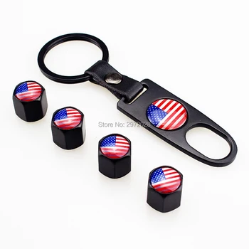 

40 x Car Stainless Steel Zinc Alloy Wheel Tire Valve Stems Caps US America National Flag Universal with Mini Wrench Key Chain