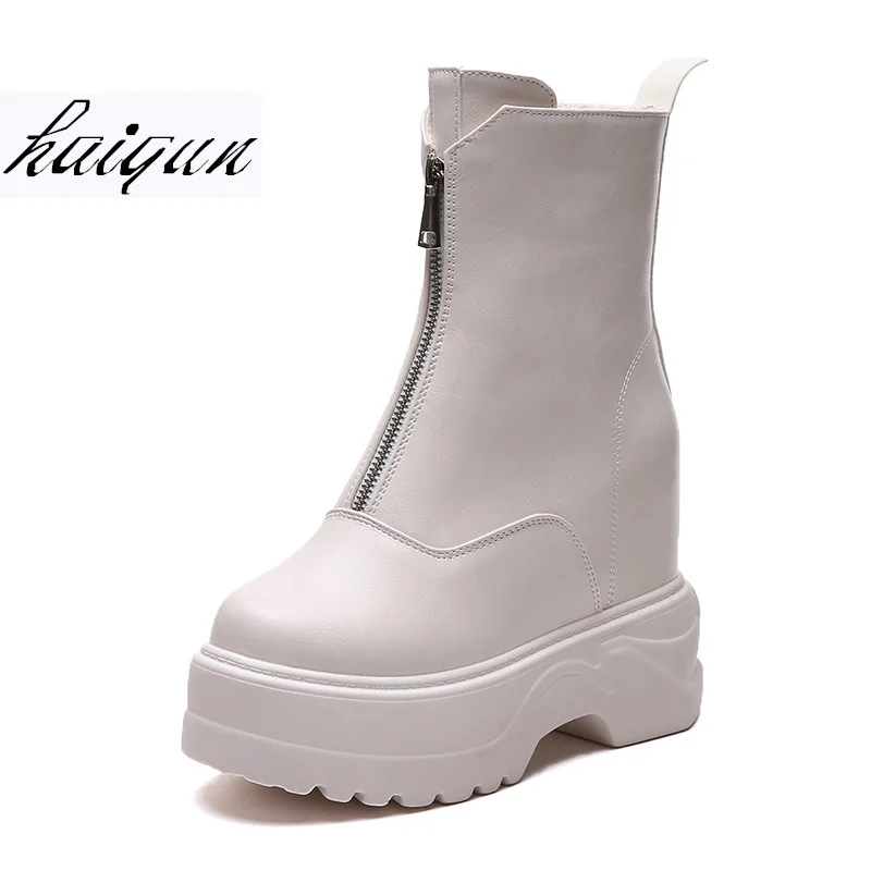 

Brand 2018 Autumn Winter Platform Women Boots Height Increasing Hidden High Heels Front Zip Women High Boots Female White Boots