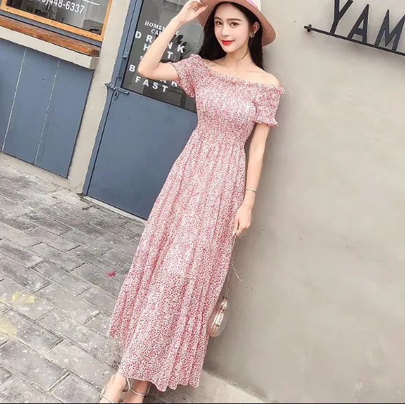 Принт с открытыми плечами Летнее Длинное платье для женщин эластичный пояс