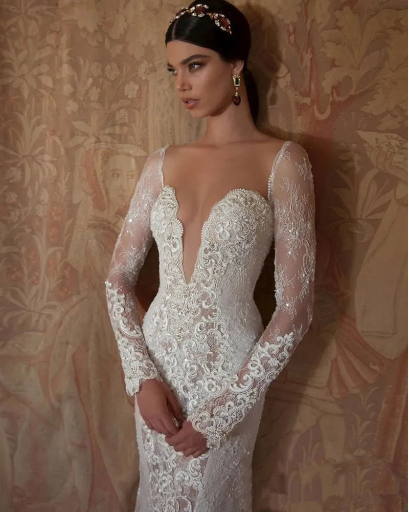 Свадебное платье с длинными рукавами Свадебные платья русалки vestido de noiva robe de mariee Аппликации Кружева Свадебное платье Свадебные платья