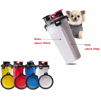 

Pet Water & Food 2 in 1 Feeder Bottle with Collapsible Bowl Outdoor Travel Dog Cat Pet Dual Chambered Storage Container Dish Cap