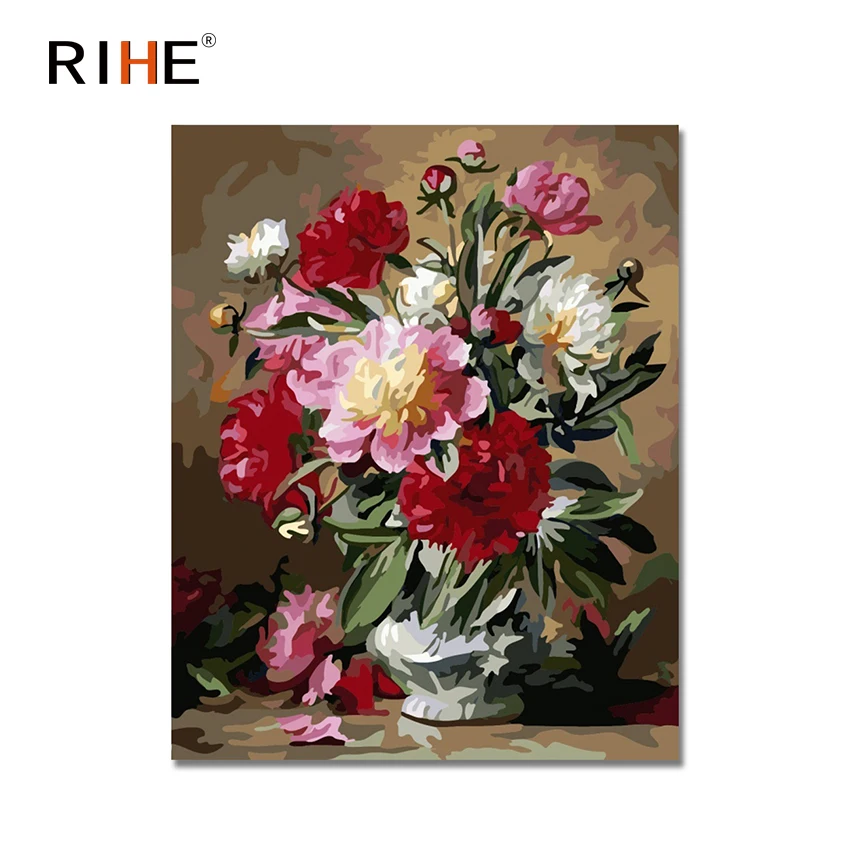 

RIHE Rose Diy Painting By Numbers Peony Flower Vase Oil Painting Cuadros Decoracion Acrylic Paint On Canvas 2018 Modern Wall Art