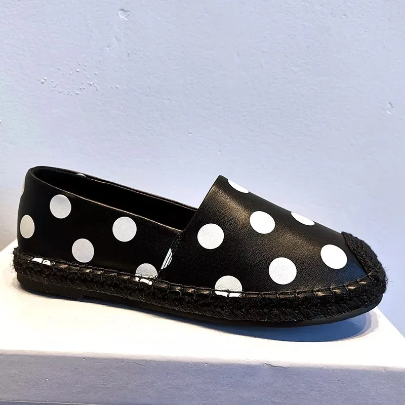French Style Romantic Genuine Leather Chic Polka Dots Fisherman Female Shoes Round Head Black&White Straw Women Shoes