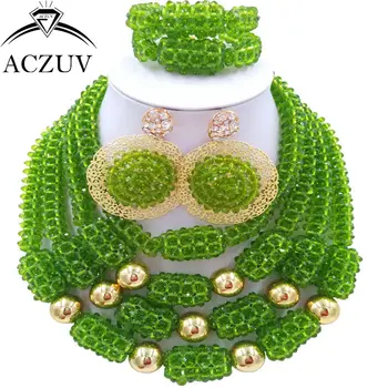 

ACZUV Latest Olive Green African Beads Jewelry Set for Women Nigerian Necklace Bridal Wedding Party Jewelry Sets D4R026