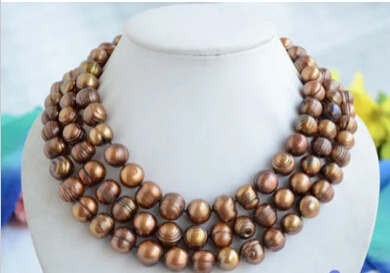 

0001084 3row almost round coffee screw thread freshwater pearl necklace