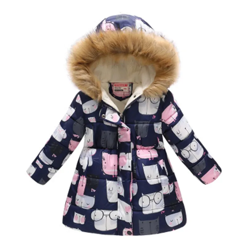 Детское плотное зимнее пальто теплые пальто с милым принтом для девочек куртка с воротником из искусственного меха для девочек, детская одежда