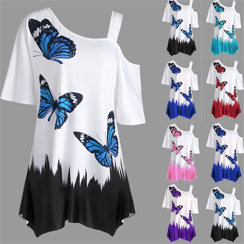 

2019 Summer Women Casual T-Shirts Butterfly Printed Tee One Shoulder Irregular Top Female Big Plus Size Loose Tee Tops S-5XL
