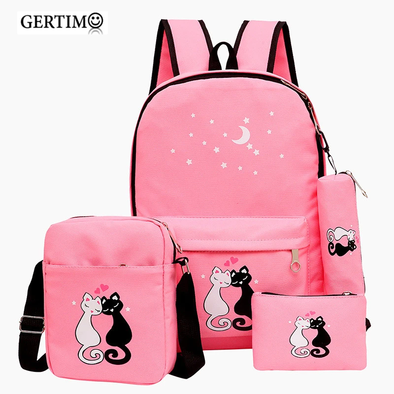 

4pcs/set Children Cute Cat Printing Orthopedic Backpack Canvas School Bag for Teenager Girls Rucksack Book Bag;Mochila Feminina